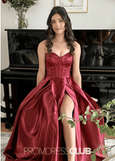 Meroy | A Line Navy Blue Satin Maxi Prom Dress Stores Near Me - Price #price_variant_lowest# - Dark Red - PromDressClub